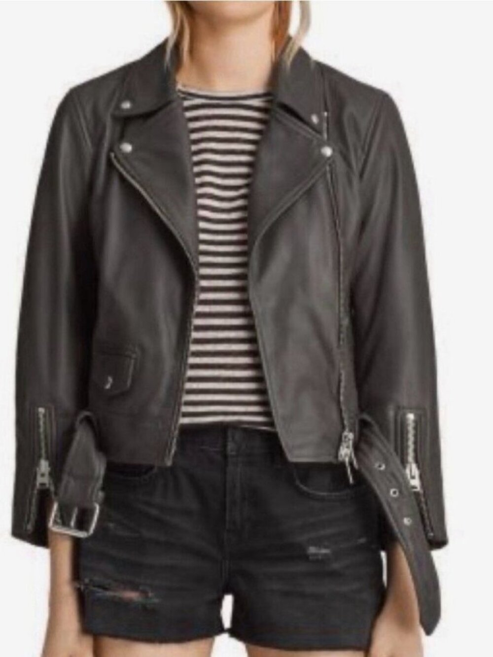 AllSaints Cole Leather Biker Jacket - Dark Grey - Size 8